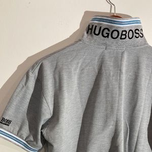 Hugo Boss Men's short sleeve polo gray shirt Men's L Large spell out logo collar